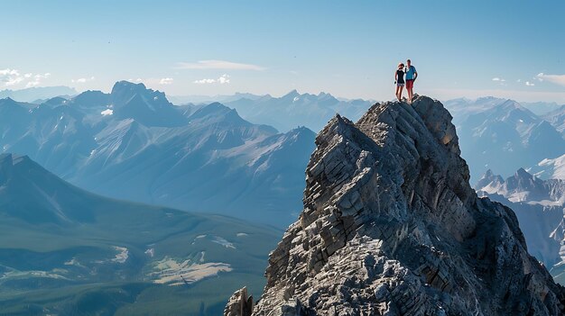 写真 2人のハイカーが岩の山頂に立って広大な山の景色を見上げています空は澄んで青く太陽が輝いています