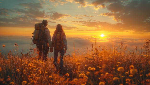 Two hikers stand on top of mountain and look at the sun