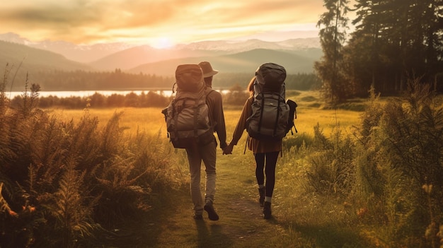 Two hikers walk hand in hand with a sunset in the background