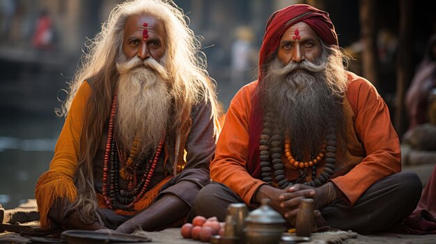 Foto due sadhus indù in tradizionali abiti arancione seduti vicino al ghat