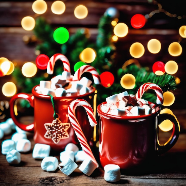 Two homemade hot chocolate mugs with marshmallows and candy cane on rustic wooden background