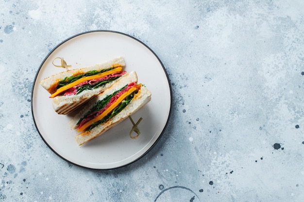 Two homemade sandwiches with sausage cheese and arugula on a light concrete background