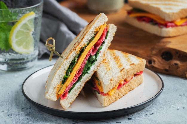 Two homemade sandwiches with sausage cheese and arugula on a light concrete background