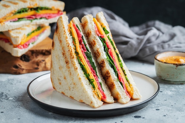 Two homemade sandwiches with sausage cheese and arugula on a light concrete background