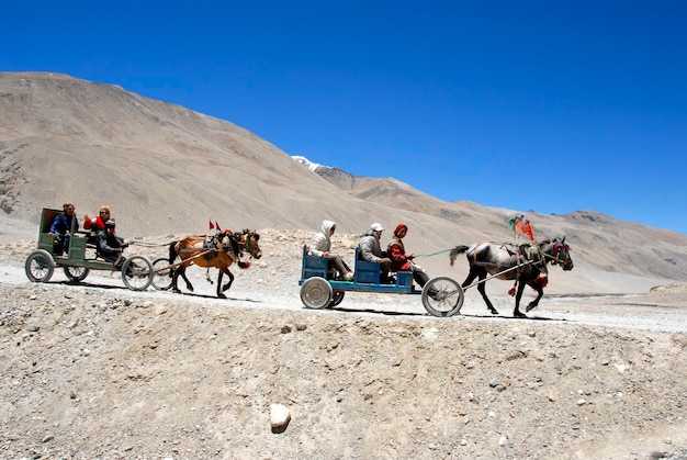 Two horse carts in the stone desert at Everest Base Camp Tibet China