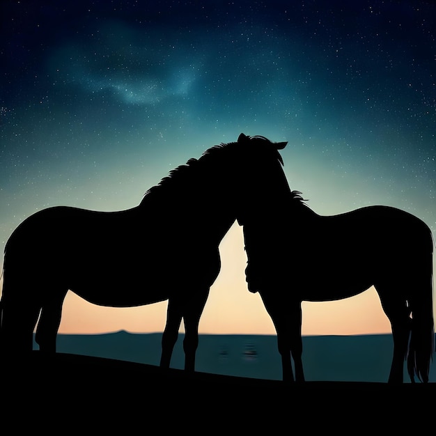 две лошади вырисовываются на фоне ночного неба со звездами на заднем плане.