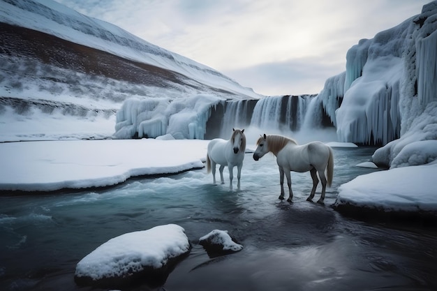 얼어붙은 폭포에 두 마리의 말