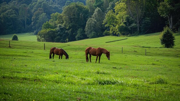 Two horses grazing peacefully in a lush green pasture enjoying freedom and tranquility