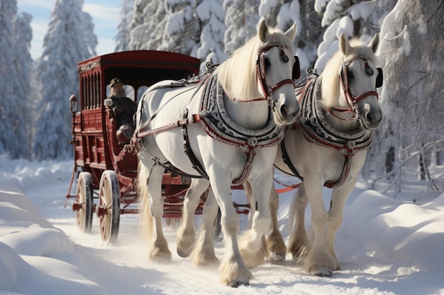 Фото Две лошади тянут повозку по снегу.