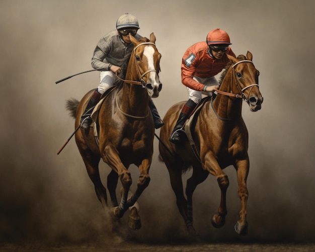 Two horses racing with one wearing a red helmet and the other wearing a red jacket.