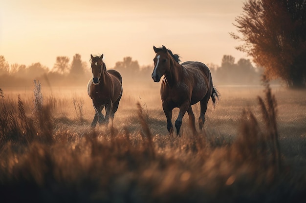 Two horses run across the field at sunset Generative AI
