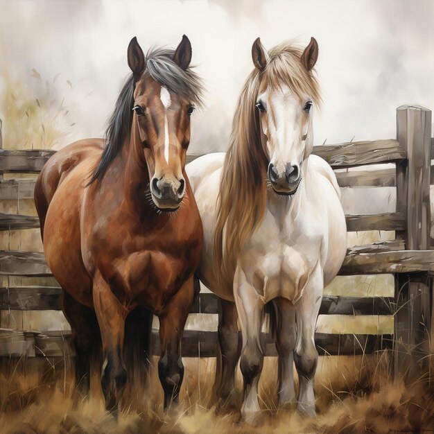 Foto due cavalli in piedi accanto a una recinzione di legno ai generativo
