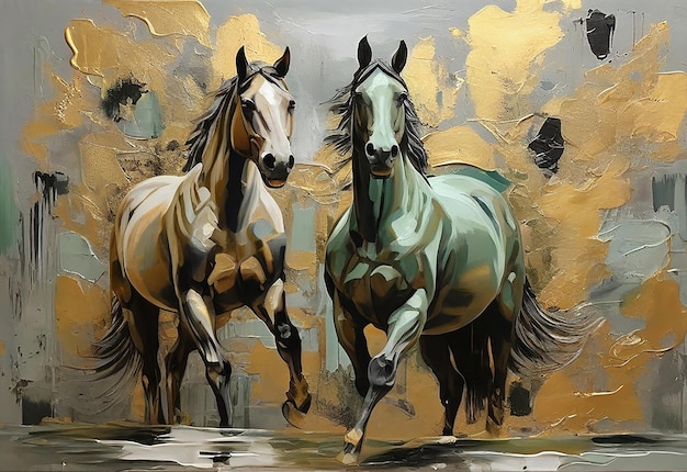 水の中の2匹の馬キャンバス上の油絵手描きのイラスト