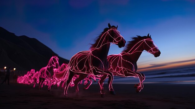 Photo two horses with pink lights on them are drawn on the beach