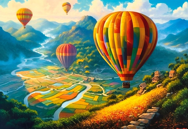 Two hot air balloons tumbling over a mountain