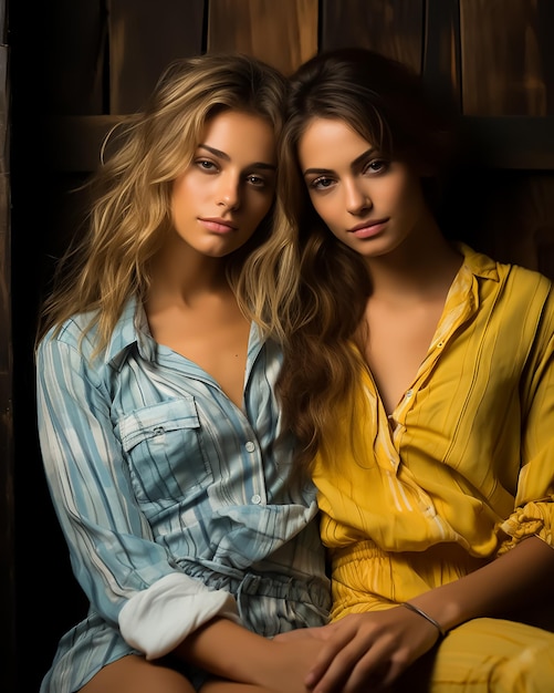 Foto due ragazze calde delle coppie modelli di modo in usura di sonno di seta fotografia di modo del pigiama usura di sonno