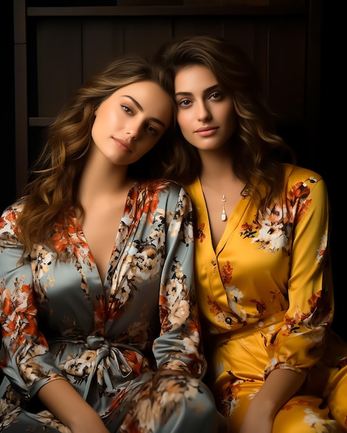 2 人のホットなカップルの女の子 シルクのファッション モデル スリープウェア パジャマ ファッション写真撮影 スリープウェア