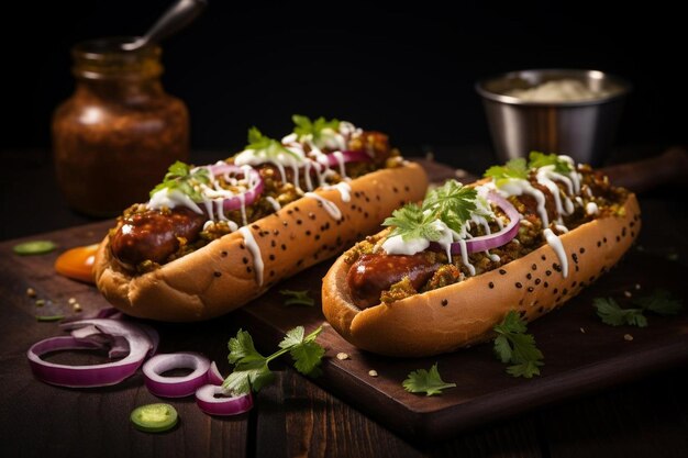 two hot dogs with onions and onions on a wooden table