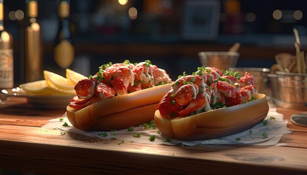 two hot dogs with strawberries and a drink on a table