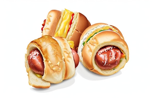 Two hot dogs wrapped in bread on a white background