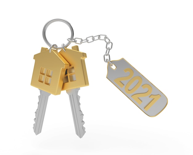 Two house keys with number 2021 on a keychain