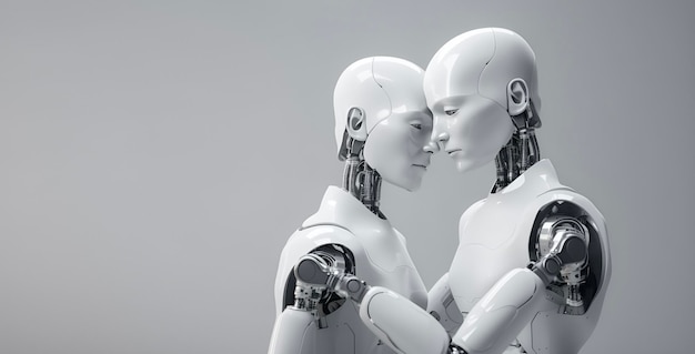 Two human like robot love concept on grey background ai generated