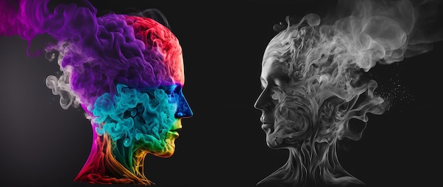 Two human profiles made of smoke on a black background