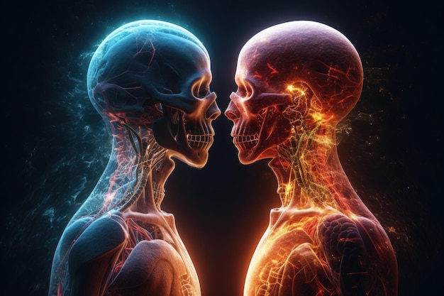 Два силуэта человеческой души на темном фоне Генеративный ИИ