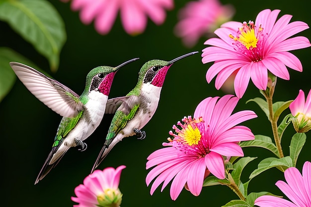 Photo two hummingbird bird with pink flower hummingbirds fierythroated hummingbird flying next to beaut