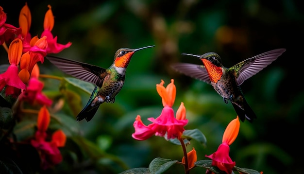 Two hummingbirds are on a flower in the amazon rainforest.