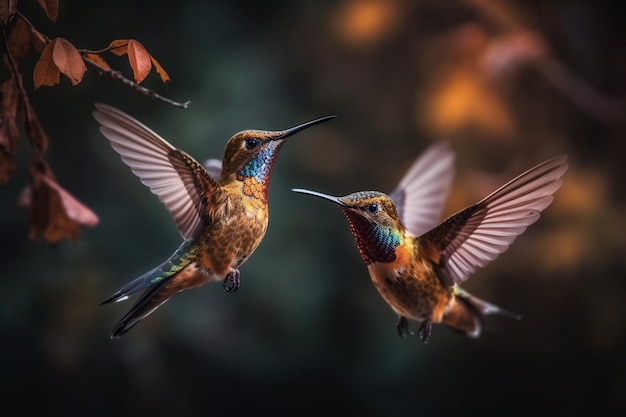 Two hummingbirds are flying in front of a black background