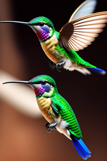 Two hummingbirds, one with a purple and green head and the other with a green head and purple and green wings.