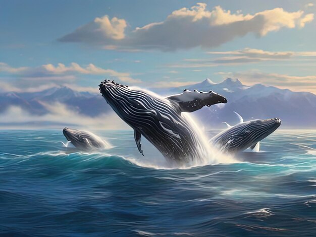 두 마리의 험백 고래가 물 밖으로 뛰어나옵니다.