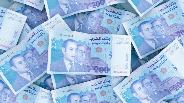 Two hundred dirhams banknotes stacks, moroccan money, 200 dirhams, 3d render