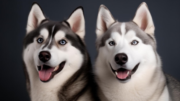 2 匹のハスキー犬が隣り合って座っています。