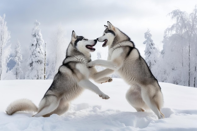 Playing Dogs On Snow. Husky Dogs Jump, Bite, Fight. Friendly Two