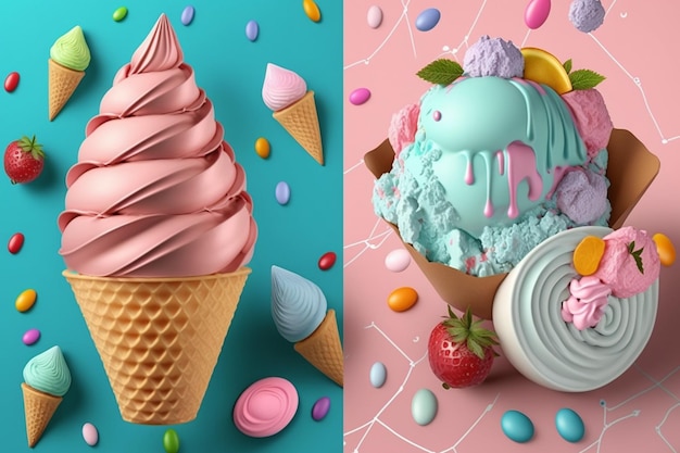 Two ice cream cones are on a pink and blue background.