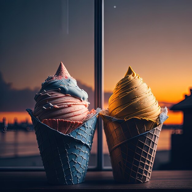 Two ice cream cones sitting next to each other