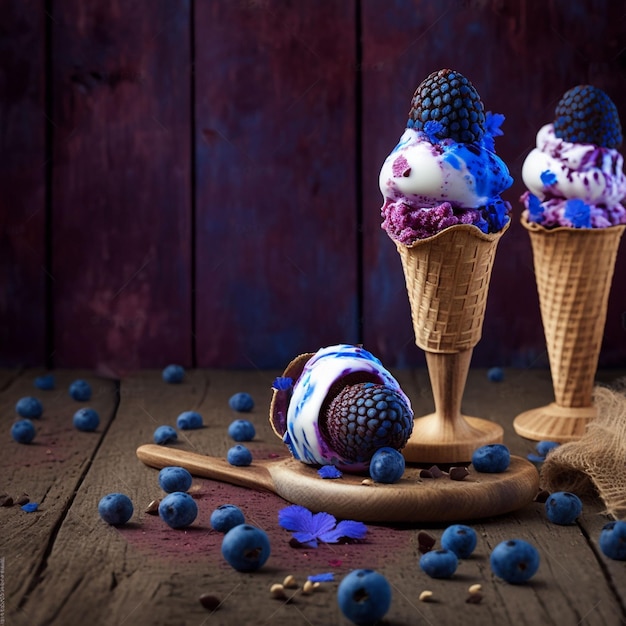 Two ice cream cones with blueberries on top and a wooden table with blueberries on the right.