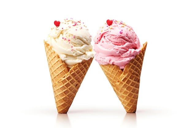Два рожка мороженого с красным сердцем, созданные AI