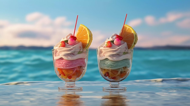 Foto due gelati in bicchieri di vetro sulla spiaggia