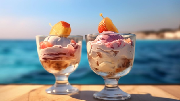 Two ice creams in a glass goblets on the beach