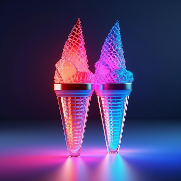 Two ice creams in a glass goblets in neon colors