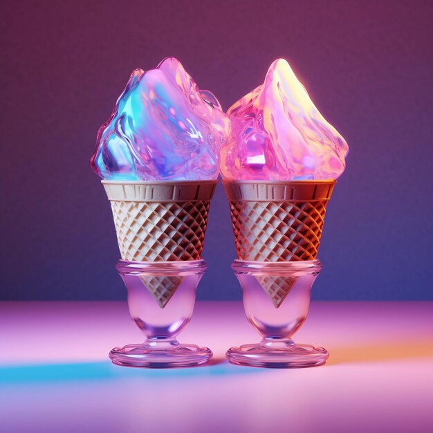 Two ice creams in a glass goblets in neon colors