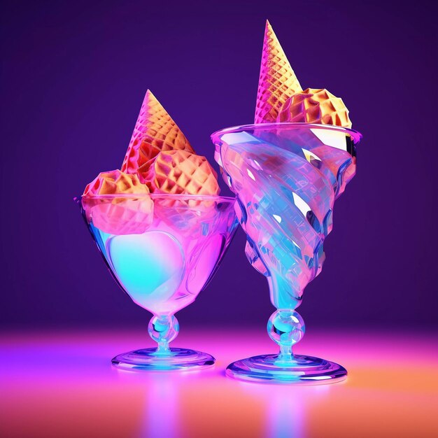 Two ice creams in a glass goblets in neon colors