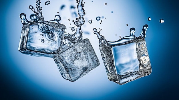 Two ice cubes splashing into a blue background