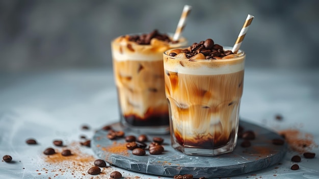 two ice lattes in glasses summer coffee cocktail with straw generative ai