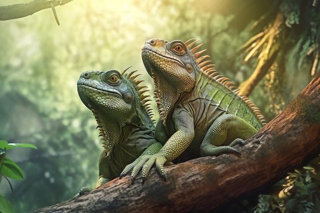 Two iguanas on a branch in a jungle