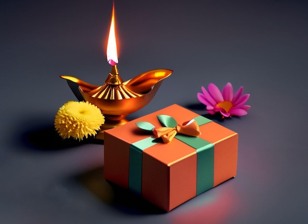 Two illuminated Indian earthen lamps and elegantly wrapped gift box and flower Diwali is the biggest Hindu festival celebrated