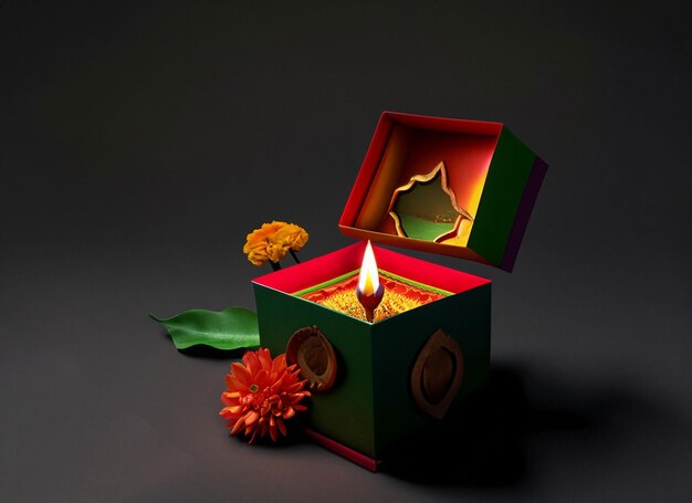 Two illuminated Indian earthen lamps and elegantly wrapped gift box and flower Diwali is the biggest Hindu festival celebrated